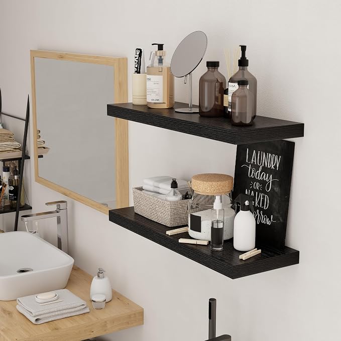 Floating Shelves for Wall, 24 inch Black Floating Shelves, 9.3in Deep Wooden Wall Shelf for Living Room Display Bathroom Book Shelves Laundry Room Storage or Bedroom Kitchen Organizer, 2 Packs