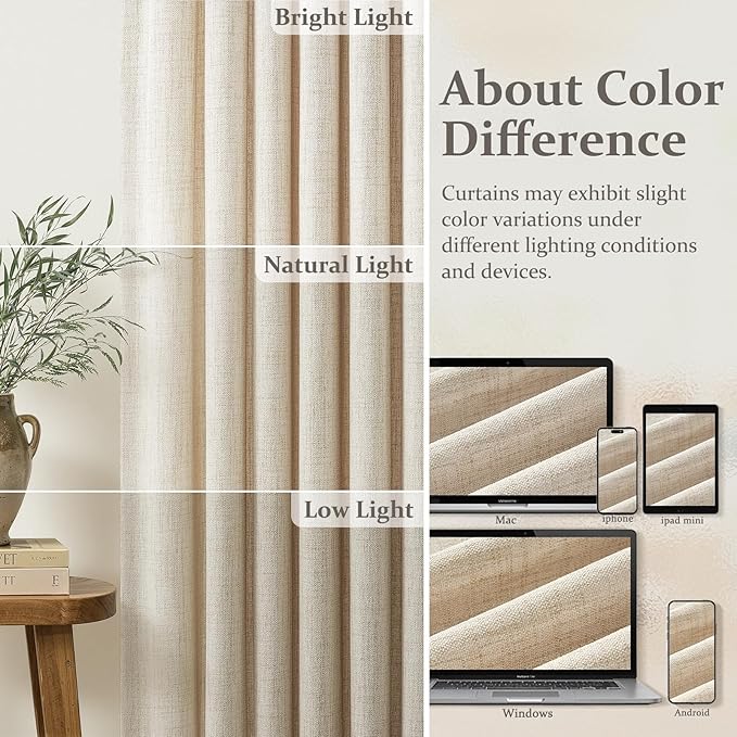 Extra Long 102 Inch Thick Natural Linen Curtains 2 Panels Set for Office, Memory Shape Pinch Pleated Semi Sheer Classroom Floor to Ceiling Curtain Light Filtering Privacy Elegant Drapes Windows Decor