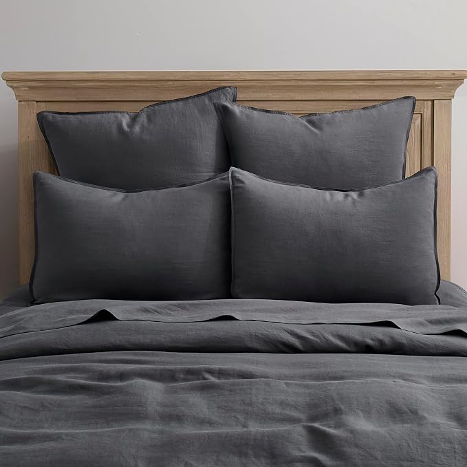 ATLINIA 100% Linen Pillowcases Set of 2, Euro Size 26" x 26" Pillow Case, Linen Pillow Sham Dark Grey
