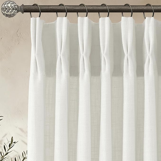 Pinch Pleated Linen Curtains 96 Inch, 2 Panels Premium 400GSM Memory Trained Semi Sheer Light Filtering Window Drapes for Living Room Bedroom Dining, Back Tab & Adjustable Hooks Rings , Natural White