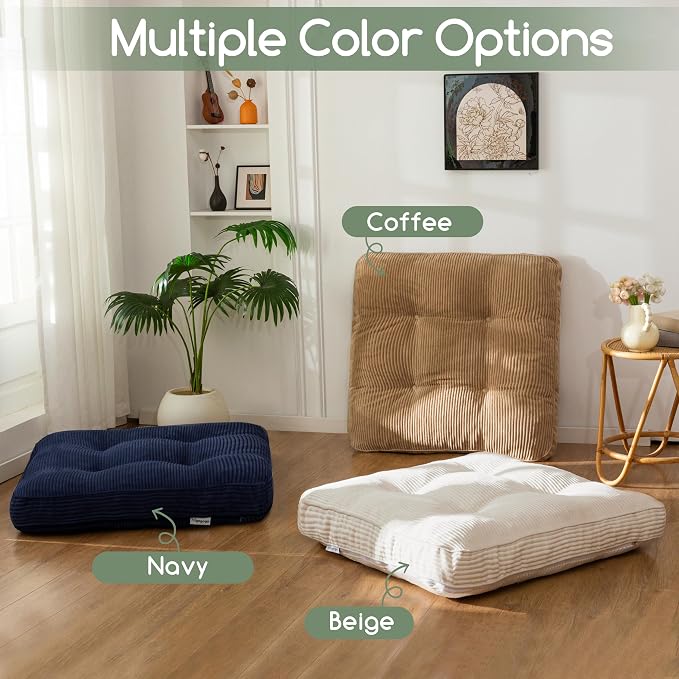 HIGOGOGO 35" Floor Pillow Cushion for Adults, Meditation Cushion Pillow, Extra Large Square Floor Sitting, Tufted Corduroy Cover for Tatami Living Room or Yoga, Coffee
