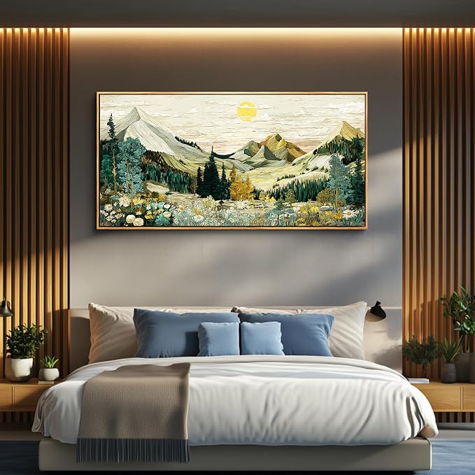 XIGUANGART Large Canvas Wall Art - Abstract Painting Decor, Mountain Pictures, Vintage Flower Boho Framed Painting,Modern Rustic Farmhouse Landscape Art Prints for Bedroom Office Decoration, 20x40 IN