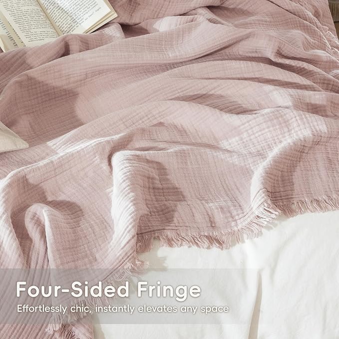 MooMee Muslin Blanket - 100% Cotton 4-Layer Gauze Throw Blanket with All-Around Fringe, Soft Breathable Lightweight Cooling Summer Blankets for Bed Couch(Greyish Pink,Twin XL 66" x 90")