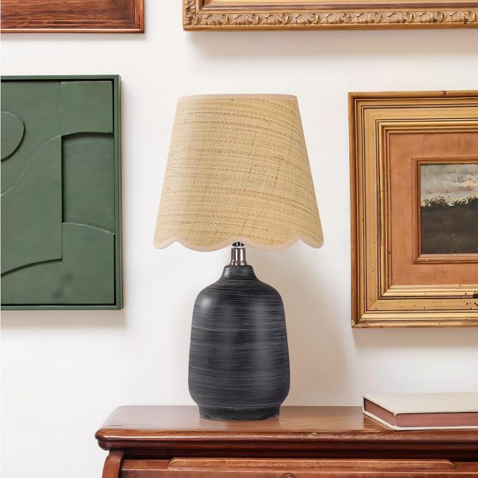 Pia Ricco 19" Modern Ceramic Table Lamp for Living Room Cream Base Desk Lamps for Bedroom Farmhouse Bedside Nightstand Lamp End Table Lamps,White Striped Black Base,Rattan Shade