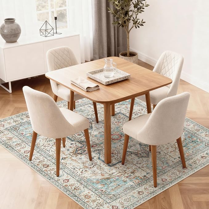 Tortania 6' Square Area Rug Living Room Rugs - Washable Boho Rug Vintage Oriental Distressed Farmhouse Large Thin Indoor Carpet for Bedroom Under Dining Table Home Office - Aqua Multi