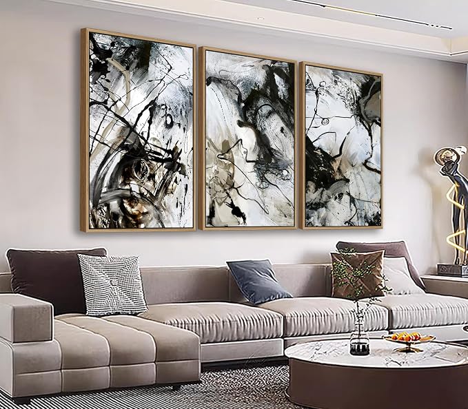 Large Modern Painting Wall Art for Living Room Float Framed Art Set of 3 Abstract Canvas Pictures Black and White Minimalist Artwork Canvas Prints for Bedroom Home Office Wall Decor 24X36inX3pcs