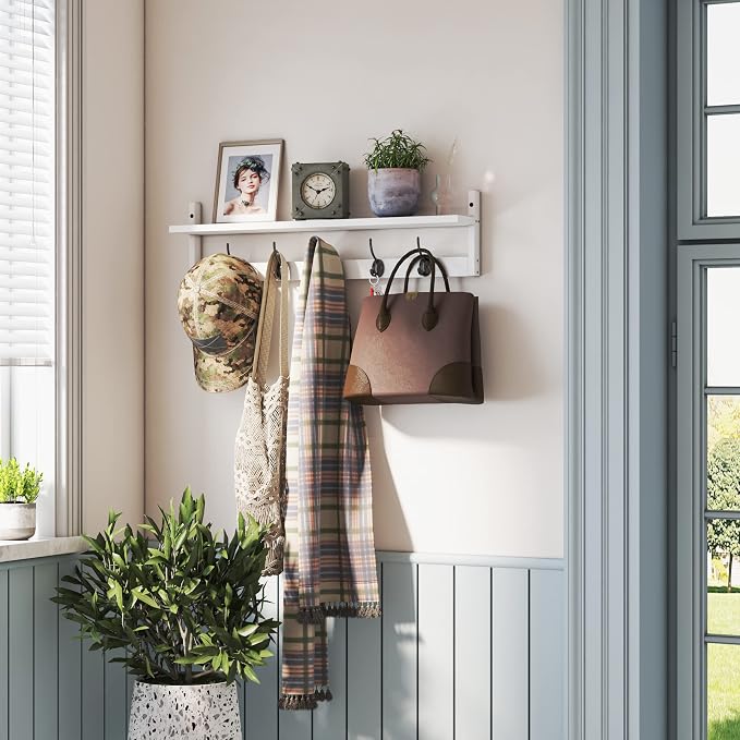 AMBIRD Wall Hooks with Shelf | Entryway Hanging Wood Coat Hooks | Wall-Mounted Rack with 5 Dual Hooks | Bathroom, Living Room, Bedroom (Modern).