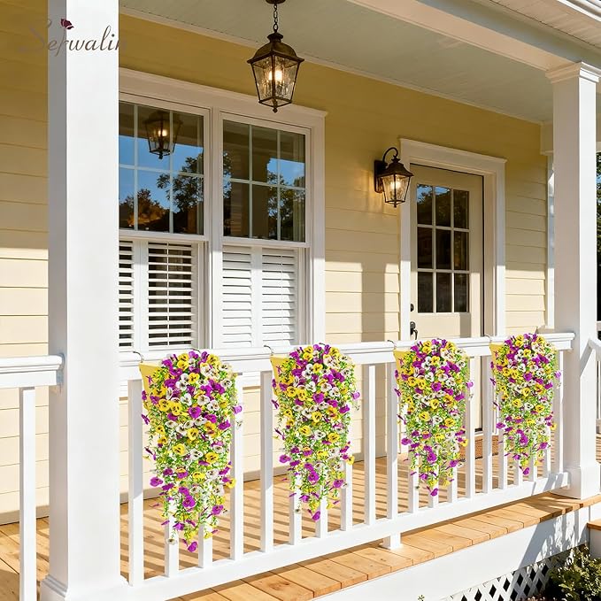 Serwalin Artificial Fake Hanging Flowers for Outdoors Planters,6PCS UV Resistant Faux Pansy Spring Flowers for Outside Porch Patio Garden Window Box (Yellow Lavender White)