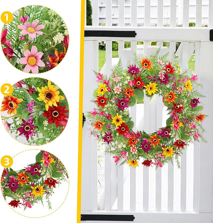 Spring Summer Wreaths for Front Door,22 Inch Artificial Spring Summer Daisy Wreath with Wildflowers,Ferns,Eucalyptus Leaves for Indoor Outdoor Wall Porch Festival Farmhouse Home Holiday Decor.