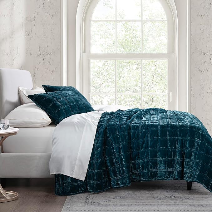 HiEnd Accent Stella Faux Silk Velvet Double Box Stitch 3 Piece Quilt Set, Queen Size, Teal Solid Color, Classic Chic Modern Rustic Elegant Bedding Set, Lightweight Bed Set