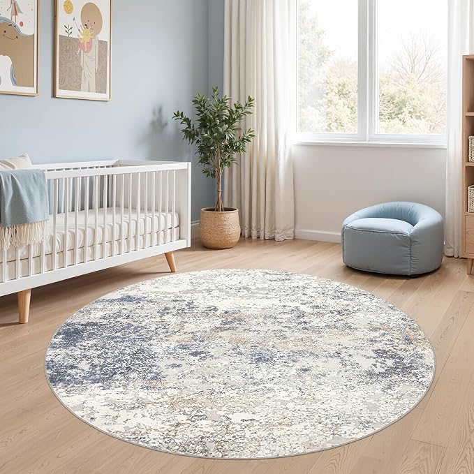 DMOYEST 5ft Round Area Rug Living Room Rugs - 5x5 Washable Large Soft Indoor Neutral Modern Abstract Low Pile Rug Carpet for Bedroom Dining Room Farmhouse Home Office - Beige Blue