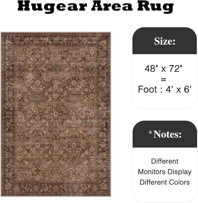 HUGEAR 4x6 Machine Washable Rugs Brick Red Hallway Area Rug Indoor Accent Rug Floral Low Pile Carpet Soft Throw Rug Bedroom Living Room Office Dining Room Kitchen Laundry Room Non Slip