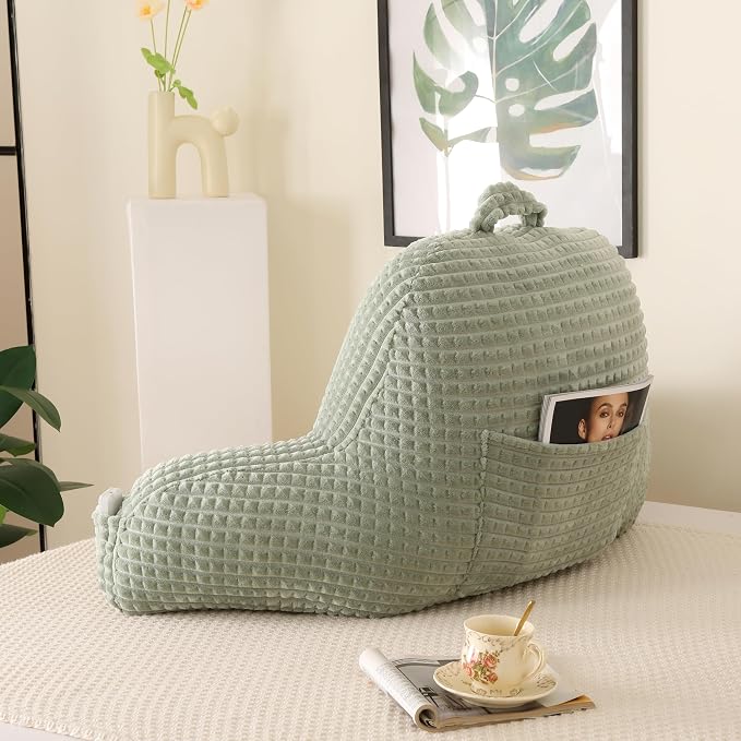 Reading Pillow with Arms for Sitting in Bed,Backrest,Green Flannel,M | 17" Backrest Supports Back for College Students,Elbows & Forearms for Dorm Reading,Gaming,Watching TV