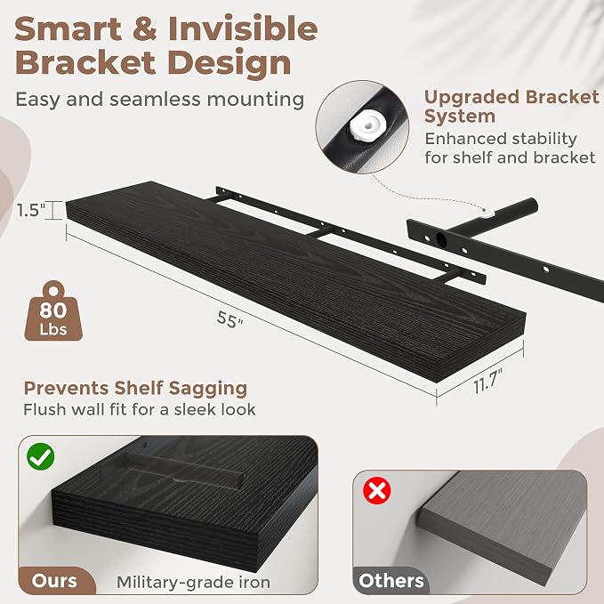 55 Inch Floating Shelves for Wall with Invisible Brackets Set of 2, 12"D Engineered Wood Wall Shelves with Wood Grain for Living Room, Bedroom, Bathroom, Kitchen Decor and Storage, Black Finish
