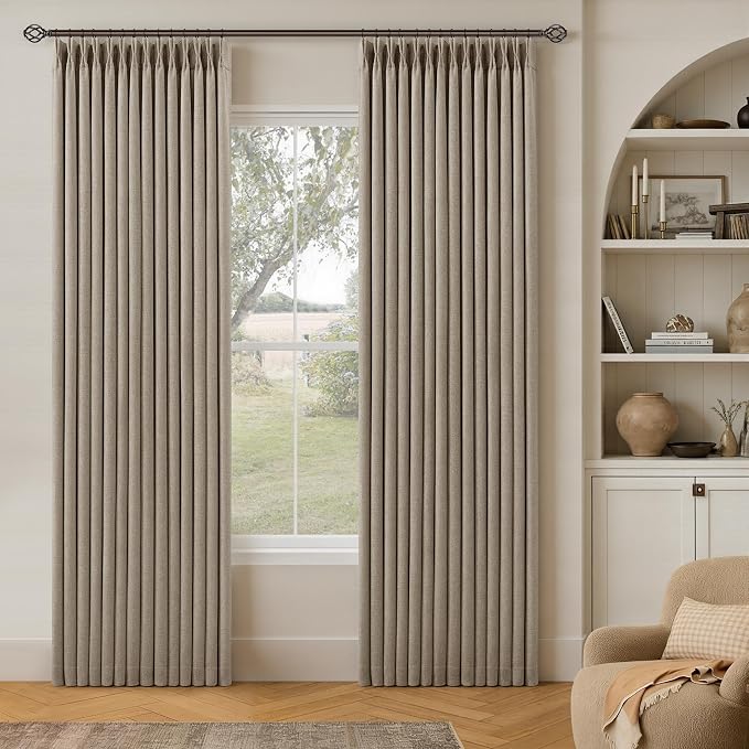 Dark Flax 80 Inch Pinch Pleated Blackout Linen Curtains for Bedroom 2 Panels Memory Trained 100% Black Out Soundproof Living Room Darkening Window Curtains 2 Layers Pinch Pleat Drapes Greyish Beige