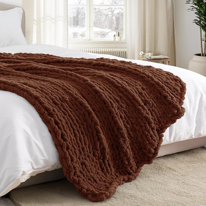 Chunky Knit Throw Blanket 60x80, 100% Handmade Chenille Yarn | 6.7lbs Soft Thick Cable Knitted Blankets, Large Rope Knot Crochet Throws for Couch Sofa Bed Machine Washable, Cocoa Brown
