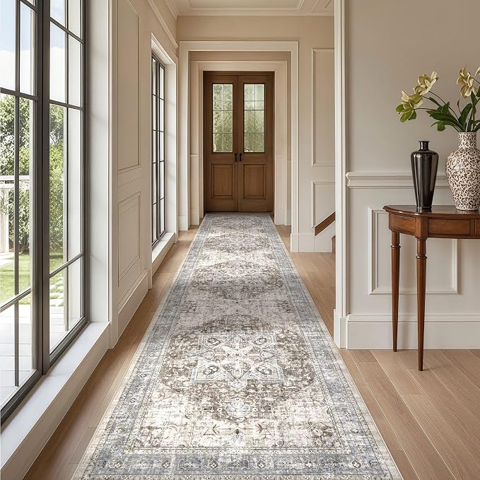 Tortania Area Rug 3x14 Runner Rugs - Washable Vintage Oriental Farmhouse Thin Indoor Carpet for Living Room Bedroom Hallway Entryway Kitchen Under Dining Table Home Office - Brown Blue