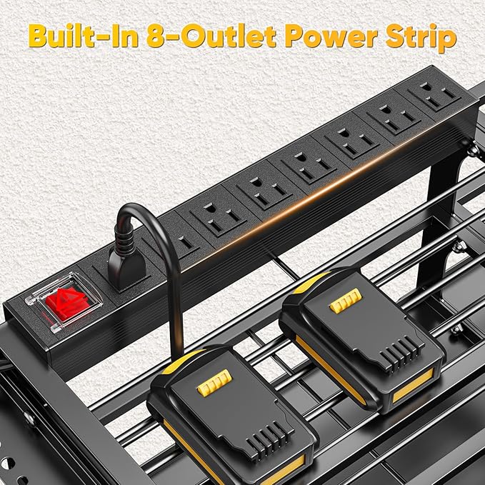 POKIPO 49.5" W Large Power Tool Organizer Wall Mount with Charging Station, 4 Tier Heavy Duty 12 Cordless Drills Holder Load 800 lb, Tool Battery Storage Rack Built in 8 Outlet Power Strip for Garage