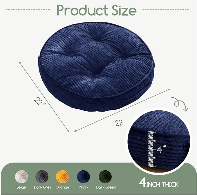 HIGOGOGO Floor Pillow Cushion for Adults, Meditation Cushion Pillow, Large Round Floor Sitting, Tufted Corduroy Cover, for Tatami Living Room or Yoga, 22x22 Inch, Navy