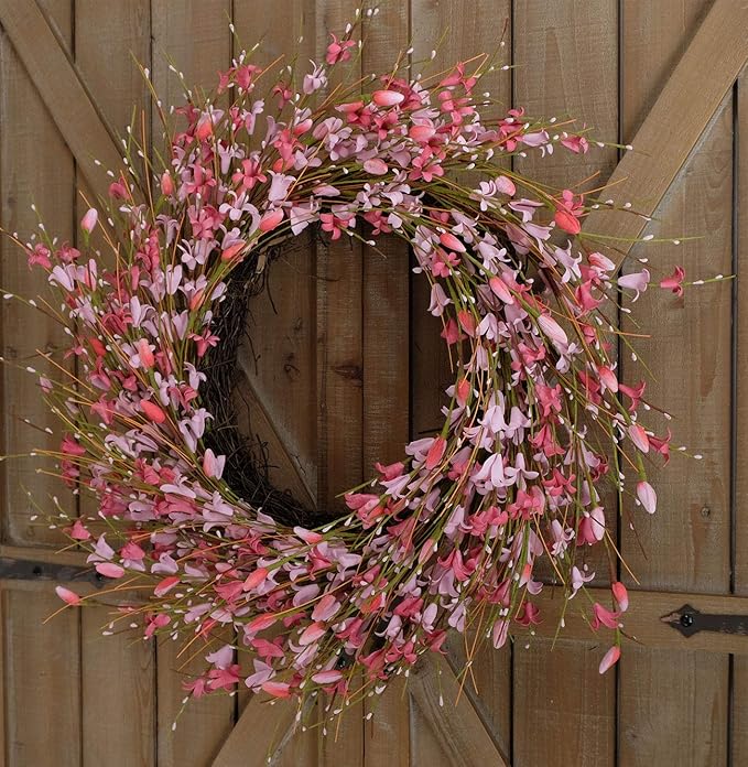 Bibelot 18inch Artificial Forsythia Flower Wreath, All Year Around Wreath for Front Door, Wedding Window Home Wall Indoor Front Door Decor (Pink, 18in)