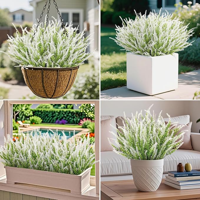 Ouddy Decor 24 Bundles Artificial Lavender Fake Flowers Faux Plastic Plants for Home Wedding Kitchen Garden Patio Window Box Office Table Centerpieces Indoor Outdoor Decor, White