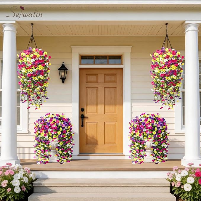 Serwalin Artificial Hanging Flowers for Outdoors UV Resistant, 4PCS Faux Morning Glory Fake Outdoor Flowers Realistic Silk Flower Plants for Outside Planter Front Door Porch Patio Yard Decor