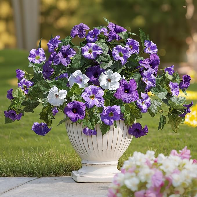 HyeFlora Artificial Flowers for Outdoors 2PCS Faux Petunias Silk Fake Flowers for Outside Planter UV Resistant Realistic Home Garden Porch Decor (Purple)