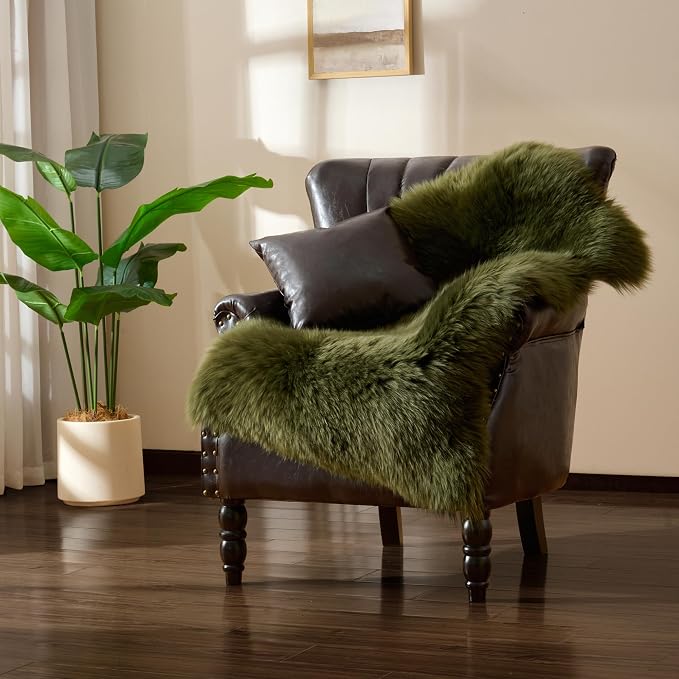 Premium Genuine Sheepskin Area Ruge - Real Wool Fur Shaggy Carpet | Fluffy Soft Natural Lambskin Rug Seat Chair Covers for Couch Sofa Bedroom Living Room(Dark Green,2×3 Feet Sheepskin)