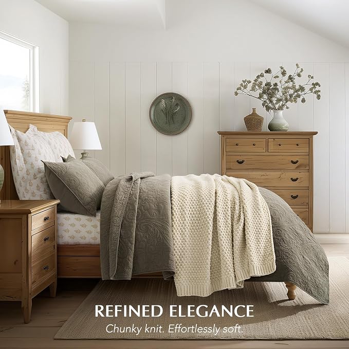 EVERGRACEHOME Chunky Chenille Knit Throw Blanket for Couch, Soft Luxurious Moss Stitch Blankets for Bed, Cozy Decorative Farmhouse Knitted Throws for Sofa, Beige, 60" x 80"