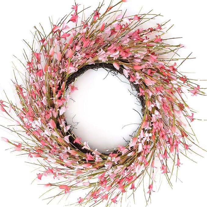 Bibelot 18inch Artificial Forsythia Flower Wreath, All Year Around Wreath for Front Door, Wedding Window Home Wall Indoor Front Door Decor (Pink, 18in)