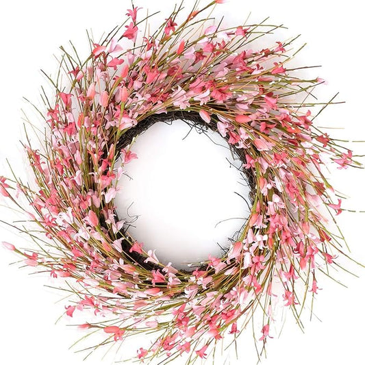 Bibelot 18inch Artificial Forsythia Flower Wreath, All Year Around Wreath for Front Door, Wedding Window Home Wall Indoor Front Door Decor (Pink, 18in)