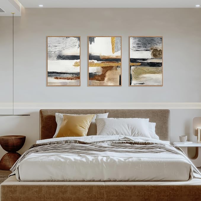 Modern Abstract Framed Canvas Wall Art Set, Neutral Textured Wall Decor, Boho Minimalist Gold and Gray Wall Painting for Living Room, Bedroom, Dining Room, Office - 24" x36" x3