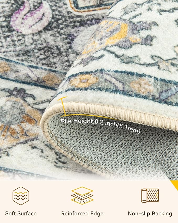 RELEANY Area Rugs 4ft Washable Non-Slip, Floral Vintage Distress Print Pattern Medallion Carpet for Living Room Bedroom Dining Room, Light Yellow Carbon Grey Orange