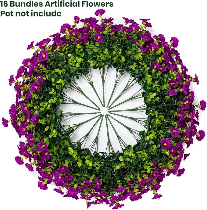 Nigirior Artificial Faux Flowers for Outdoor 16 Bundles Boxwood Fake Morning Glory for Planter,UV Resistant Fake Flowers for Home Porch Patio Outside（Fuchsia）