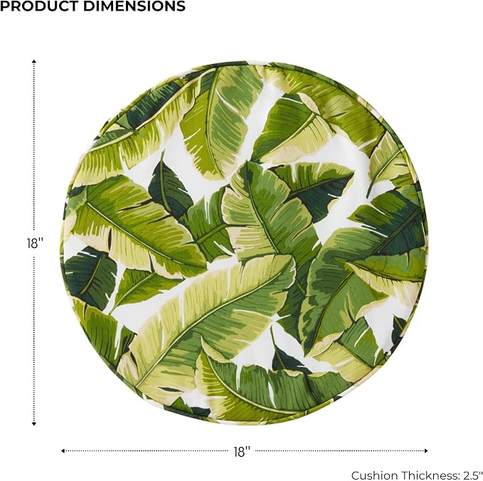 Set of 2 Outdoor 18 inch Round Patio Dining Chair Pads – Comfortable Fiber-Filled Seat Cushions with Ties, Reversible Polyester Fabric, Palm Leaves White