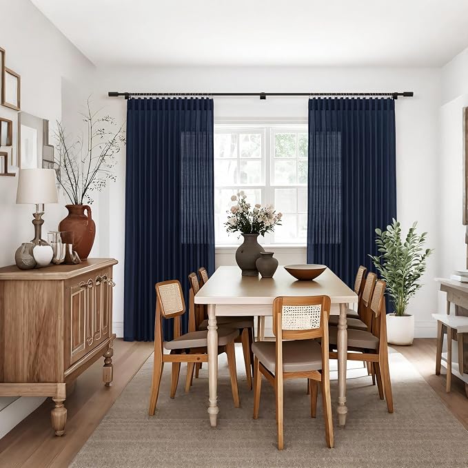 Jowels Navy Linen Curtains 54 Inch Long 2 Panels for Living Room | Navy Blue Light Filtering Semi Sheer Curtain,Back Tab Pocket Pleated Look,Boho Textured Privacy Drapes for Bedroom Window