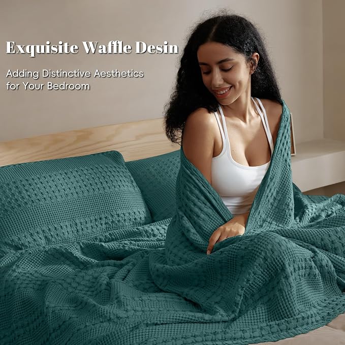 PHF 100% Cotton Waffle Blanket King Size for Bed, Lightweight Breathable and Soft for Summer, Luxury Aesthetic Waffle Weave Blanket for Home Decor & Gifts for Women, 108"x90", Teal