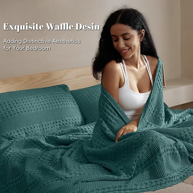 PHF 100% Cotton Waffle Blanket Twin Size for College Dorm, Lightweight Breathable and Soft for Summer, Luxury Aesthetic Waffle Weave Blanket for Bed & Gifts for Women, 66"x90", Teal