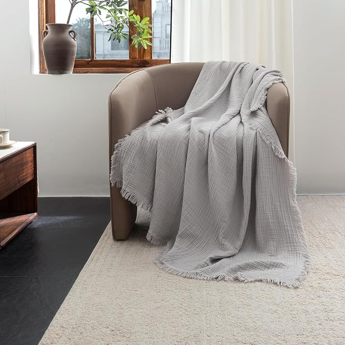 FOSSA Muslin Blanket 4-Layer 100% Cotton Gauze Blanket with Fringe 66"x90" | Super Soft Breathable Lightweight All Season & Decorative Blanket or Bed, Sofa, Office (Grayish,Twin XL)