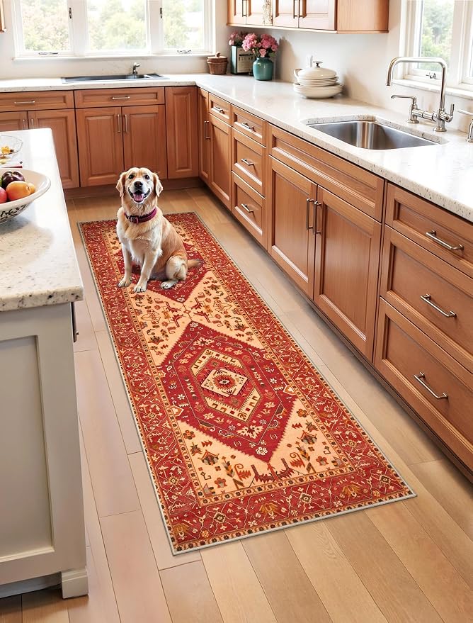 SERISSA Boho Washable Runner Rug, 2x5 Rug Runner Non-Slip Vintage Red Hallway Kitchen Runner Rug Ultra Soft Print Distressed Floor Carpet Runner for Bedroom Bathroom Laundry Living Room
