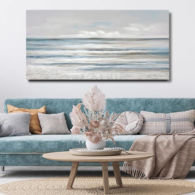 TRAIN2 ART Abstract Wall Art Modern Coastal Wall Decor Textured Blue and White Sea Background Canvas Wall Art for Living Room Bedroom Kitchen Office 24"x48"