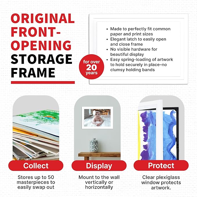 Dynamic Frames Li’l Davinci Art Cabinet, Stores up to 50 Pieces of 12 x 18 inch Art, Outer Wooden Frame Dimensions 14.75 x 20.75 inches, Kids Art Frame, Front Opening, Universal Hanging, White