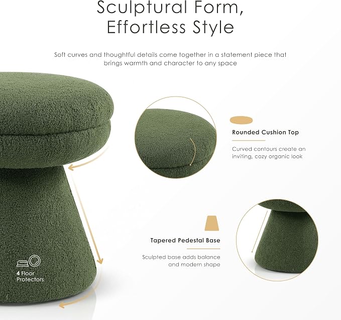 Furniture of America Rami Modern 18-inch Mushroom-Shape Upholstered Ottoman with Tapered Pedestal, Vanity Stool Chair, Small Foot Stool for Bedroom, Living Room, Entryway, Beige