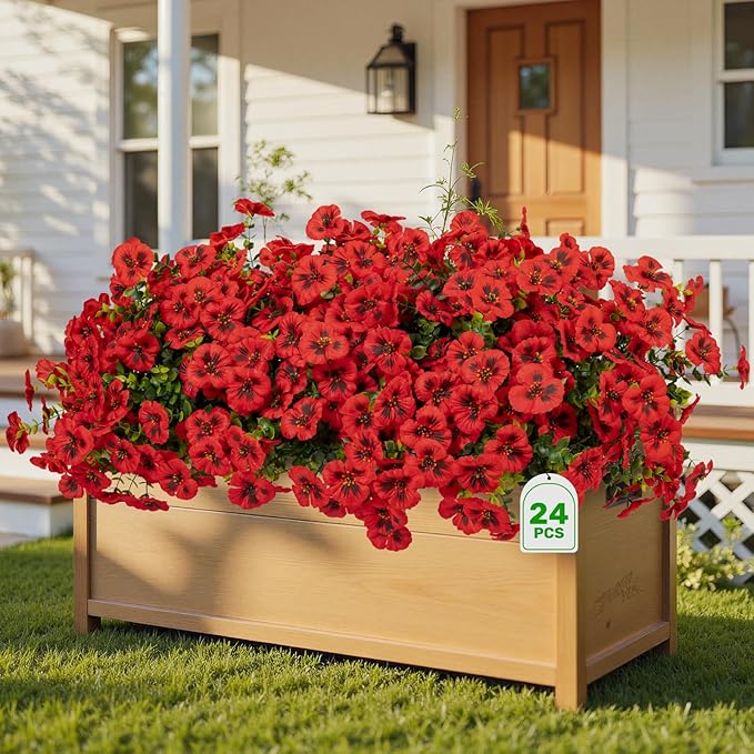 24 Pcs Artificial Fake Pansy Flowers for Outdoor,Faux Silk Plants Flowers UV Resistant Pansies Spring Flowers for Planter Front Door Porch Yard Patio Garden Window Box Home Decor(Red)