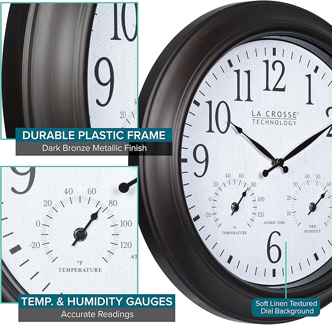 La Crosse Technology 404-89027-INT 18-inch Indoor/Outdoor Brown Atomic Analog Wall Clock