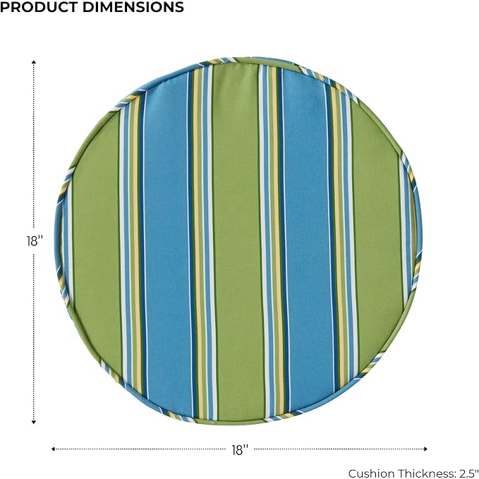 Set of 2 Outdoor 18 inch Round Patio Dining Chair Pads – Comfortable Fiber-Filled Seat Cushions with Ties, Reversible Polyester Fabric, Cayman Stripe