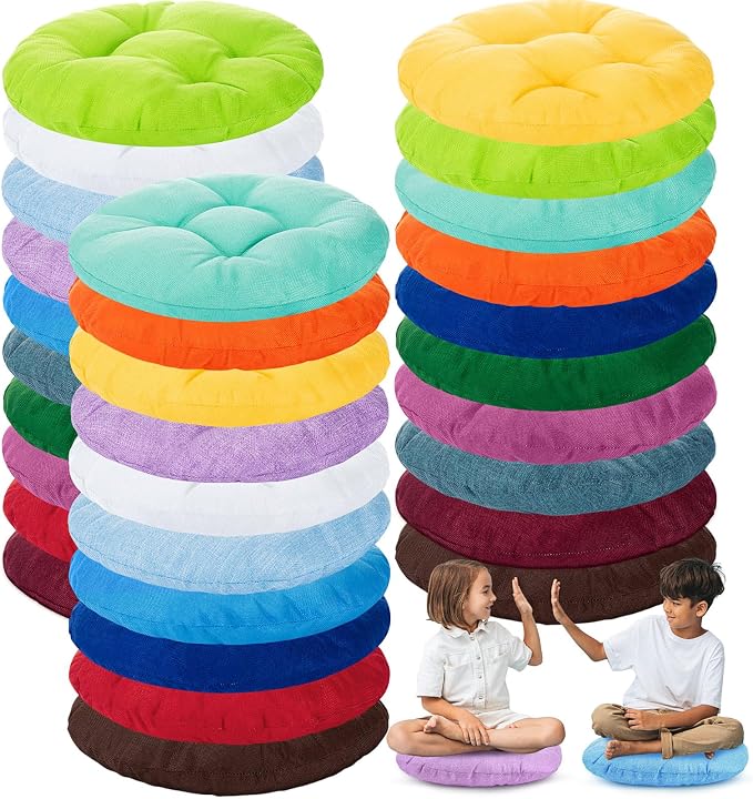 Fumete 30 Pcs 16 Inch Floor Cushions Pillow for Kids Bulk Classroom Round Flexible Seating Floor Cushions for Students Home Daycare School Reading Corner Yoga Meditation Picnic (Full-Color Blocking)