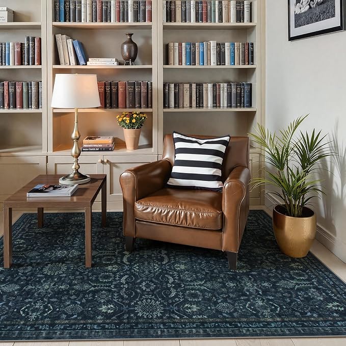Lahome Navy Blue Rug 5x7, Boho Dark Washable Rugs for Living Bedroom Room | Vintage Carpet for Office, Rubber Backed Non Slip Carpets for Dorm Dining Room Apartment