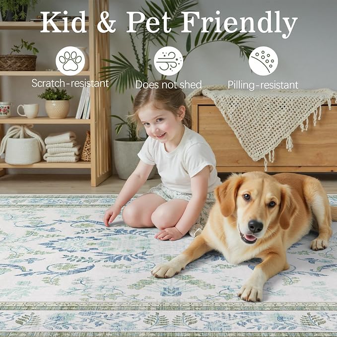 DCX Area Rug 4x4 Botanical Floral Washable Rugs in Green and Blue Soft Non Slip Low Pile Stain Resistant Round Carpet for High-Traffic Areas Bedroom Kitchen