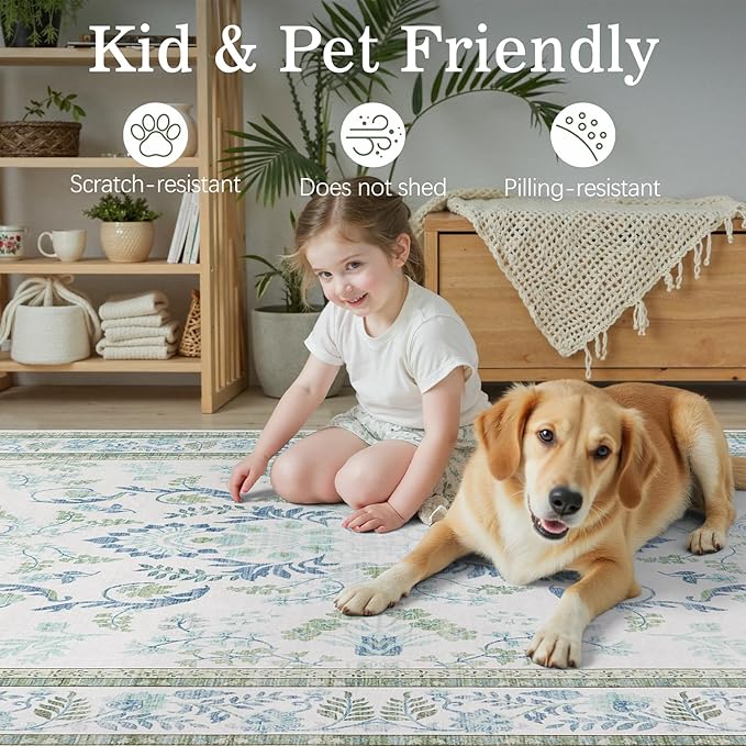 DCX Area Rug 6x6 Botanical Floral Washable Rugs in Green and Blue Soft Non Slip Low Pile Stain Resistant Round Carpet for High-Traffic Areas Bedroom Kitchen Dining Room